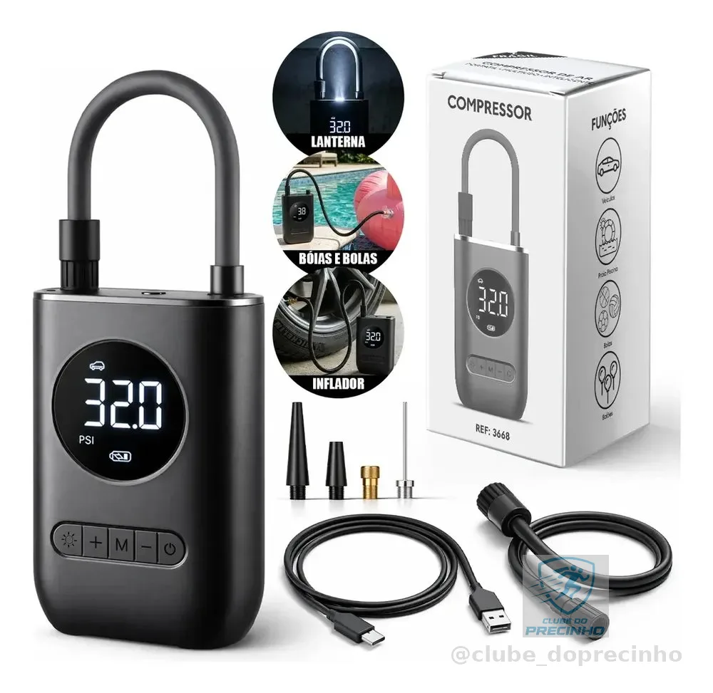 Mini Compressor de Ar Digital Portátil Recarregável USB-C Lumi para Pneus de Carro, Moto e Bicicleta Inflador Elétrico de Bolas e Infláveis Display LCD Alta Pressão Sem Fio Preto