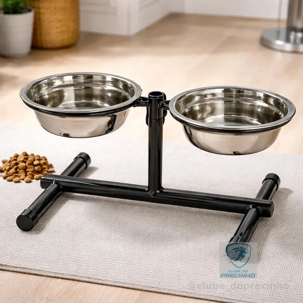 Comedouro Elevado Duplo Regulável Ajustável Cães Médio Preto 127/220v Preto