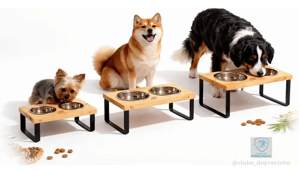 Comedouro Elevado Duplo Pet Pote Inox Madeira Cachorro P M G 0 Preto Pequeno