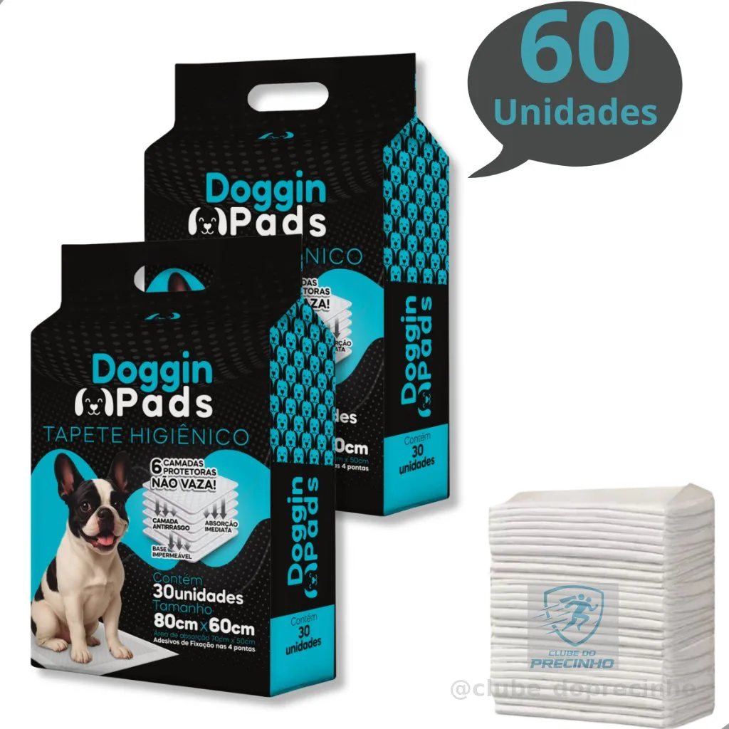 Kit 2 Tapete Higiênico para Cachorro Doggin Pads 80 x 60 cm - 60 Unidades