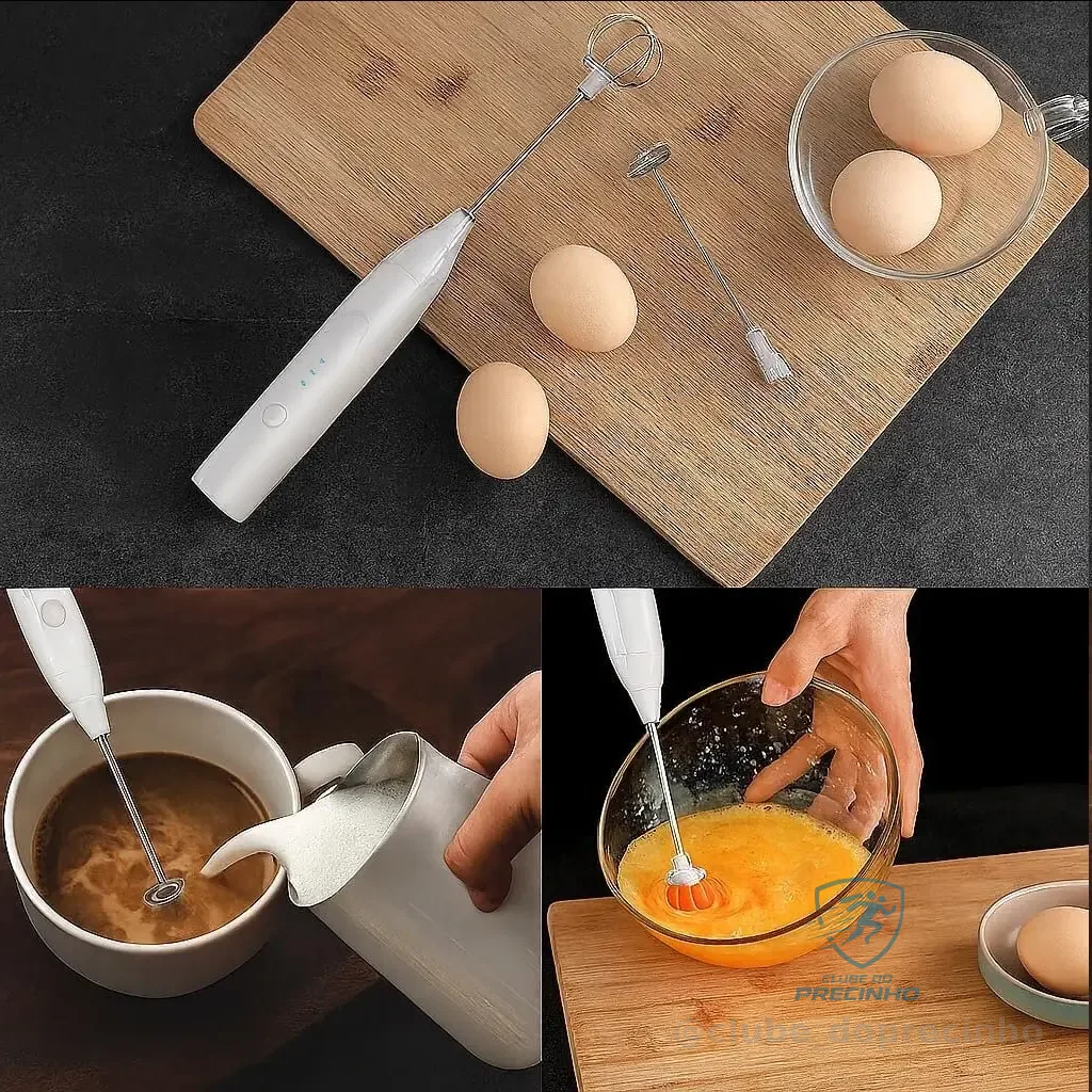 Espumador de Leite Elétrico e Mixer Portátil USB Recarregável – 3 Velocidades Potentes com 2 Cabeças (Mola e Fouet) – Batedor em Inox para Café, Cappuccino, Shakes e Ovos (Branco)
