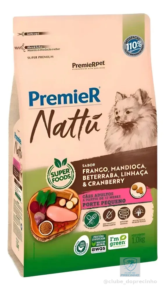 Ração Premier Nattu Cães Adultos Raças Pequena Mandioca 1kg