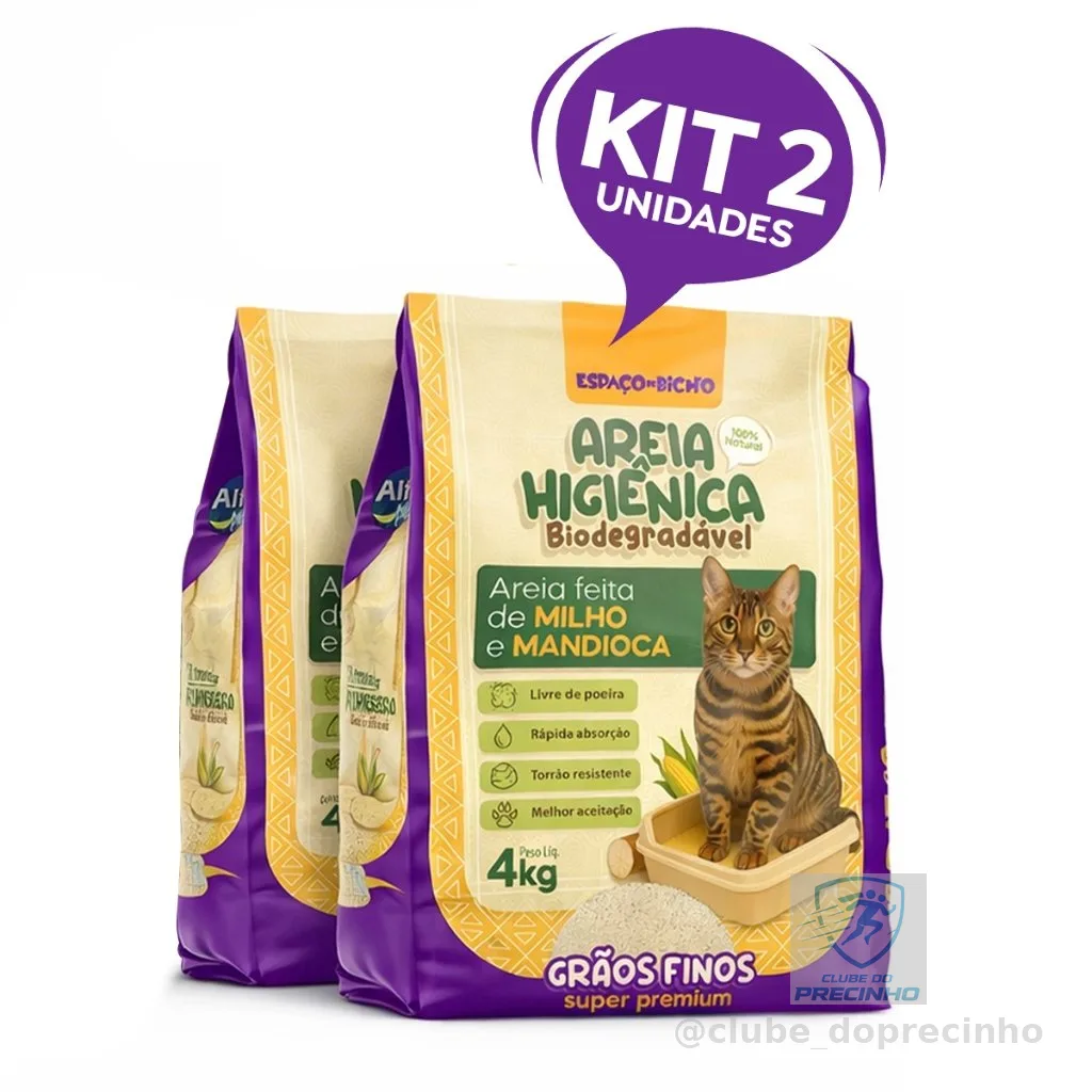 Kit 2 Areia Higiênica Biodegradável Grãos Finos Milho e Mandioca (100% Natural)
