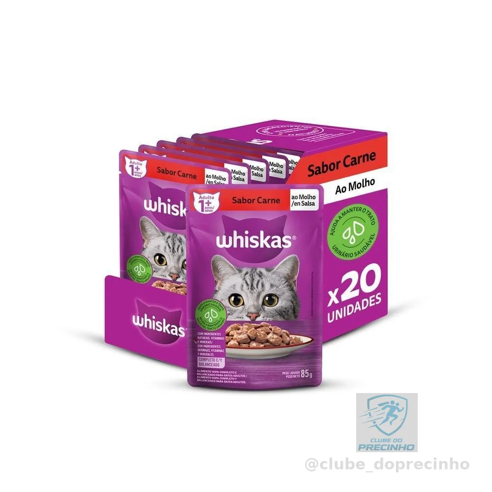 Kit Ração Úmida Carne ao Molho para Gatos Adultos 20 Unidades Whiskas Sachê