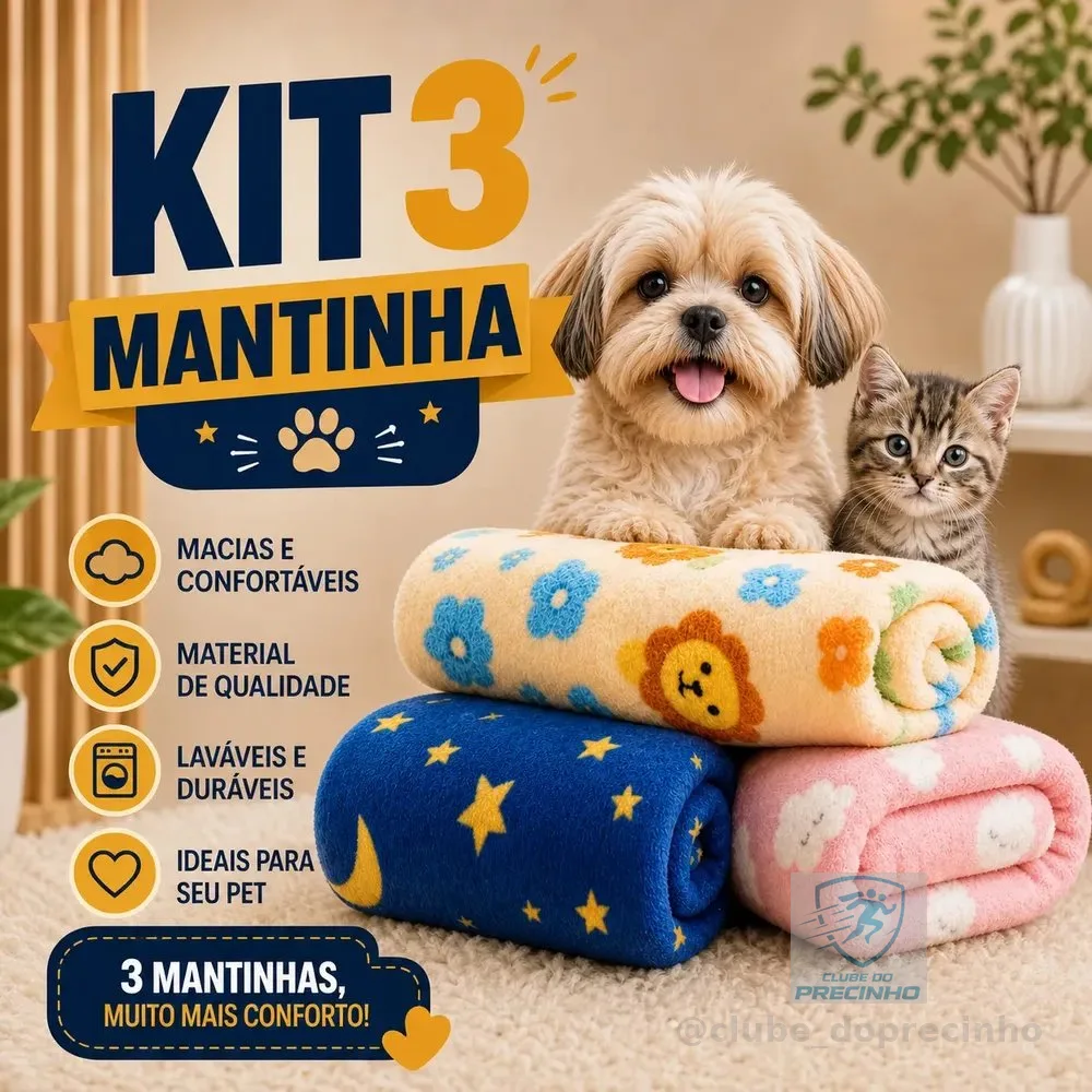 Kit 3 Mantas Mantinha Pet Cobertor Soft Gato Cachorro 90x85 Macho