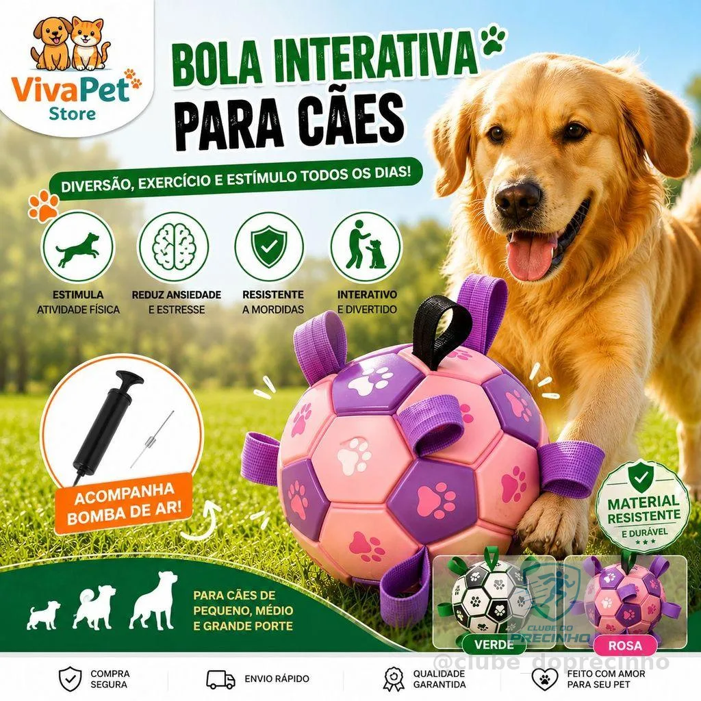 Bola Interativa para Cães em Formato de Futebol com Alças | Brinquedo Mordedor Resistente para Treino e Diversão