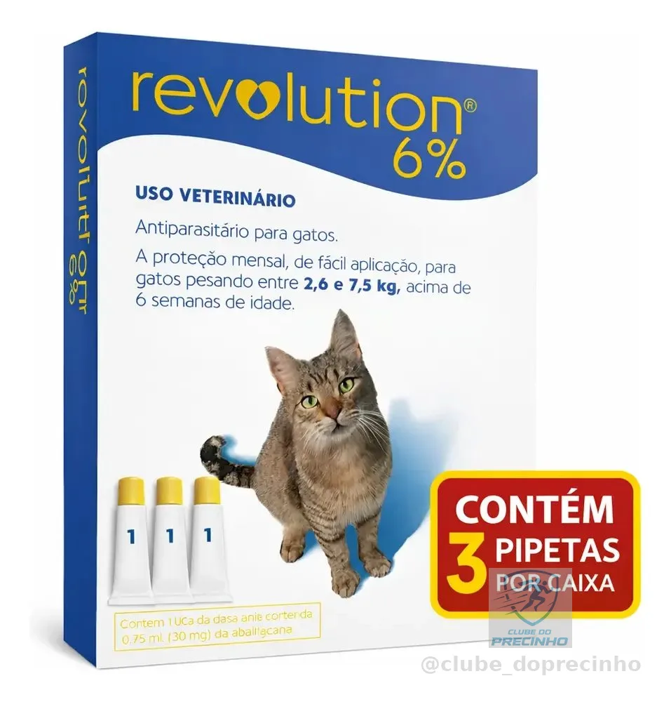 Antipulgas Revolution 6% 45mg Gatos 2,6 A 7,5kg C/ 3 Pipetas Azul