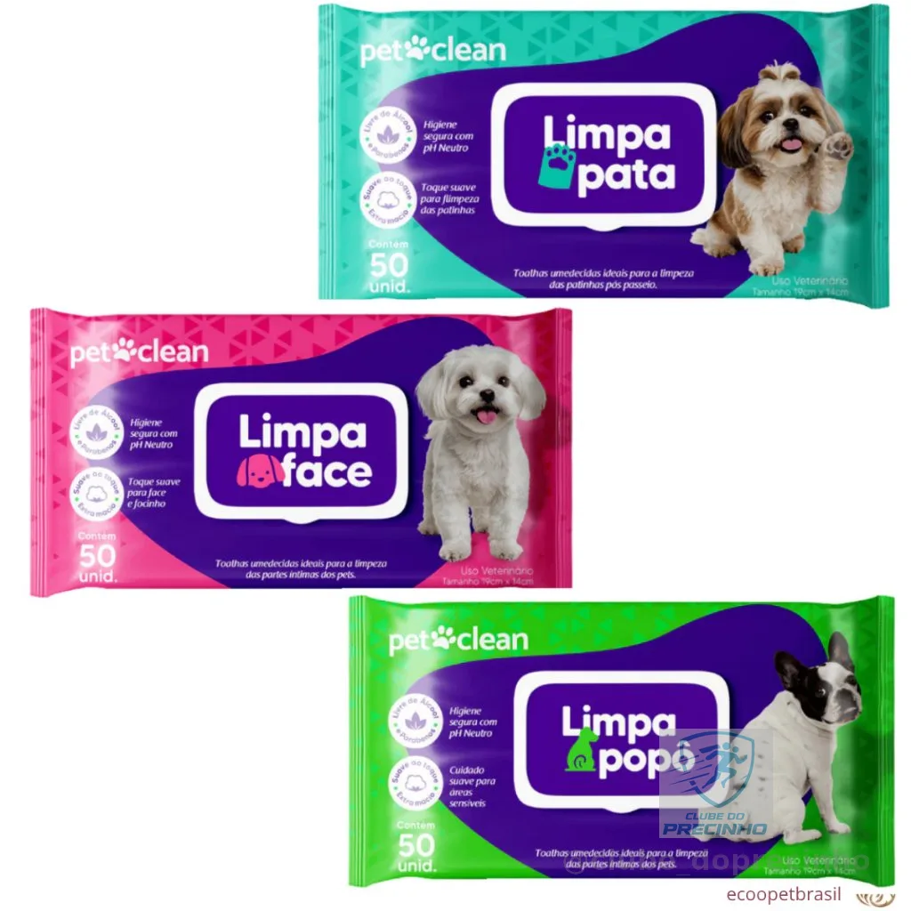 Toalha Lenço Umedecido Cachorro Cães e Gatos 50un Limpa Pata, Popô, Face Higiene pH Neutro Pet Clean