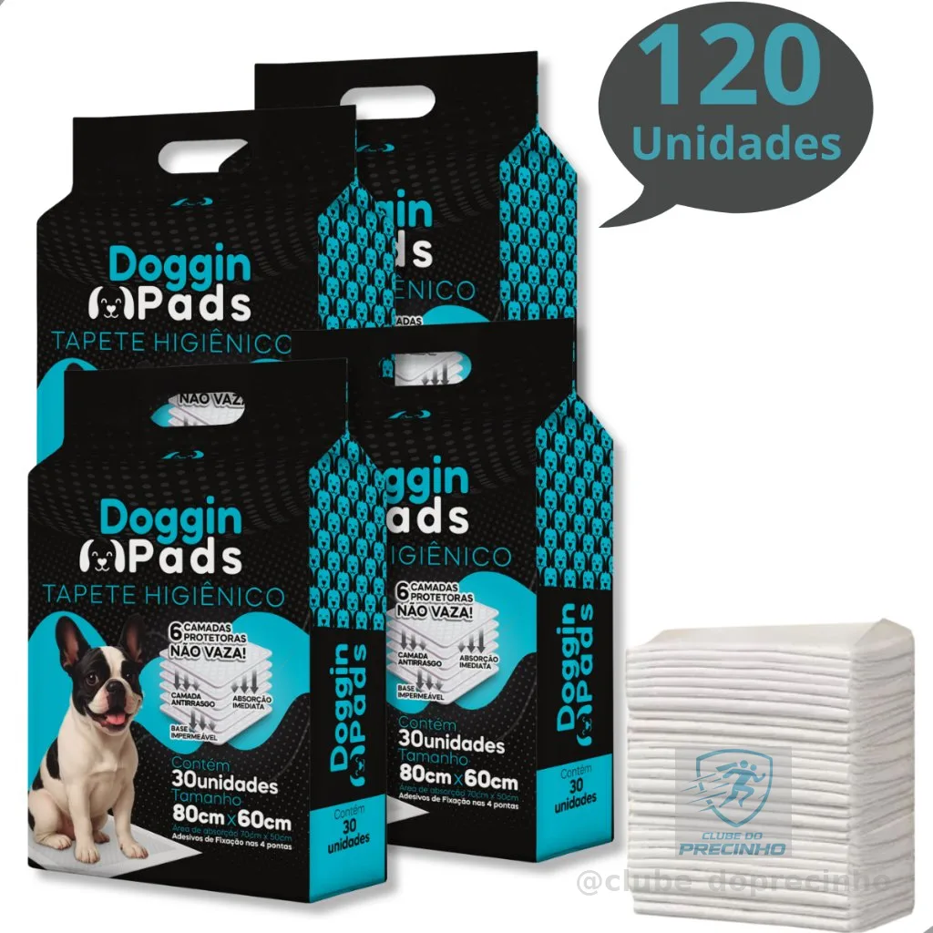 Kit 4 Tapete Higiênico para Cachorro Doggin Pads 80 x 60 cm - 120 Unidades
