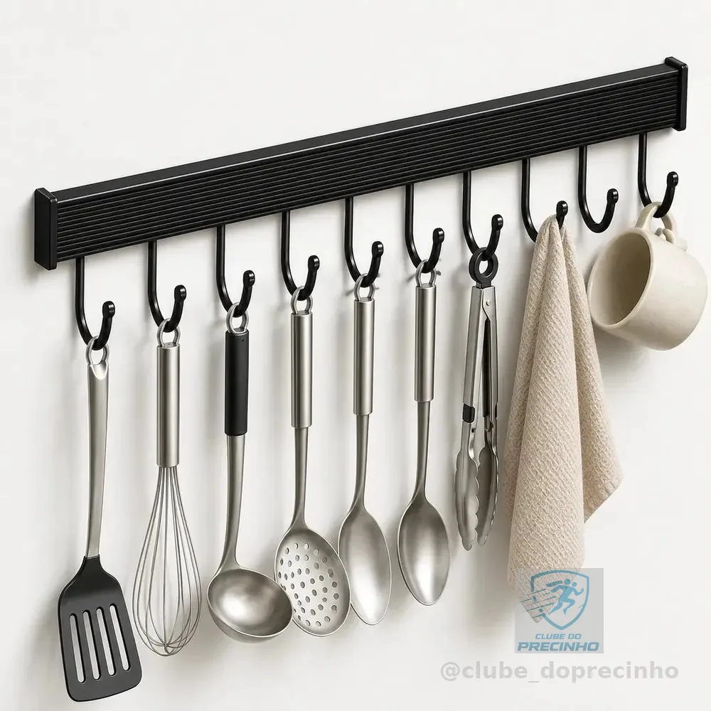 Suporte De Pendurar Cozinha Porta Talheres Utensílios Parede Adesivo Plus 60cm Grande Com 12 Ganchos Preto Marca Multi9dad3s