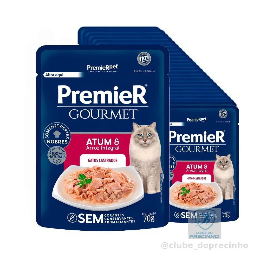 Kit 20un. Ração Úmida Premier Gourmet Gatos Castrados Atum e Arroz Integral 70g