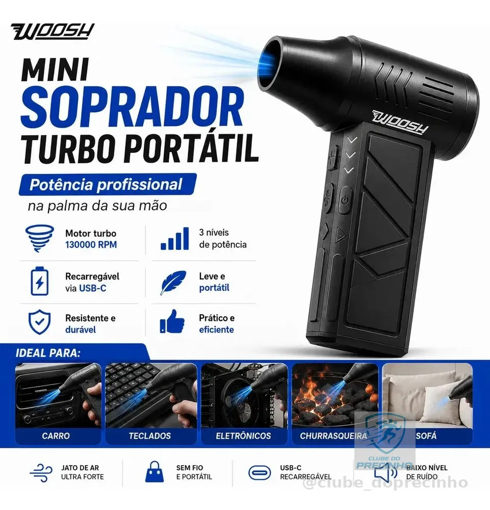 Soprador De Ar Mini Turbo Portátil Usb Sem Fio Recarregável Para Limpeza Com 2 Bicos E Inflar Preto Woosh