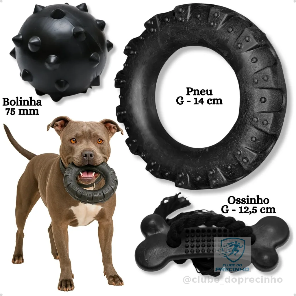Kit Brinquedo Mordedor para Cachorro Pneu G + Bola Cravo Maciça 75mm + Osso Grande Black com Corda