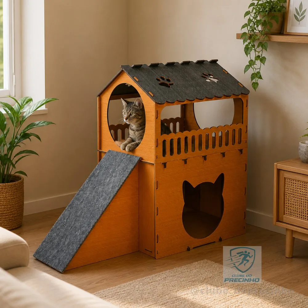 Arranhador Toca Casinha para Gatos Rampa Antiestresse Playground Casa de Gato 2 Andares Mdf Caramelo
