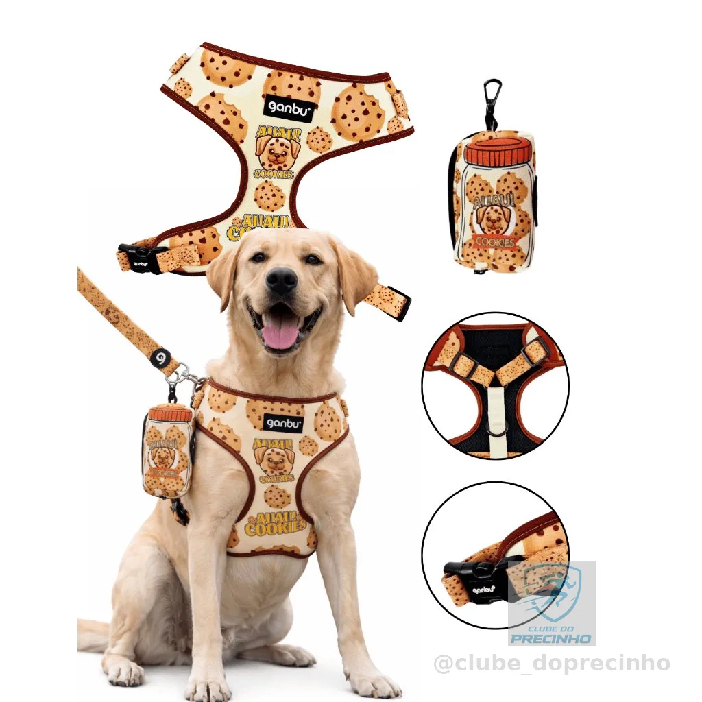Kit Peitoral Coleira Guia Bolsa Candy Pet Au Cookies Ganbu
