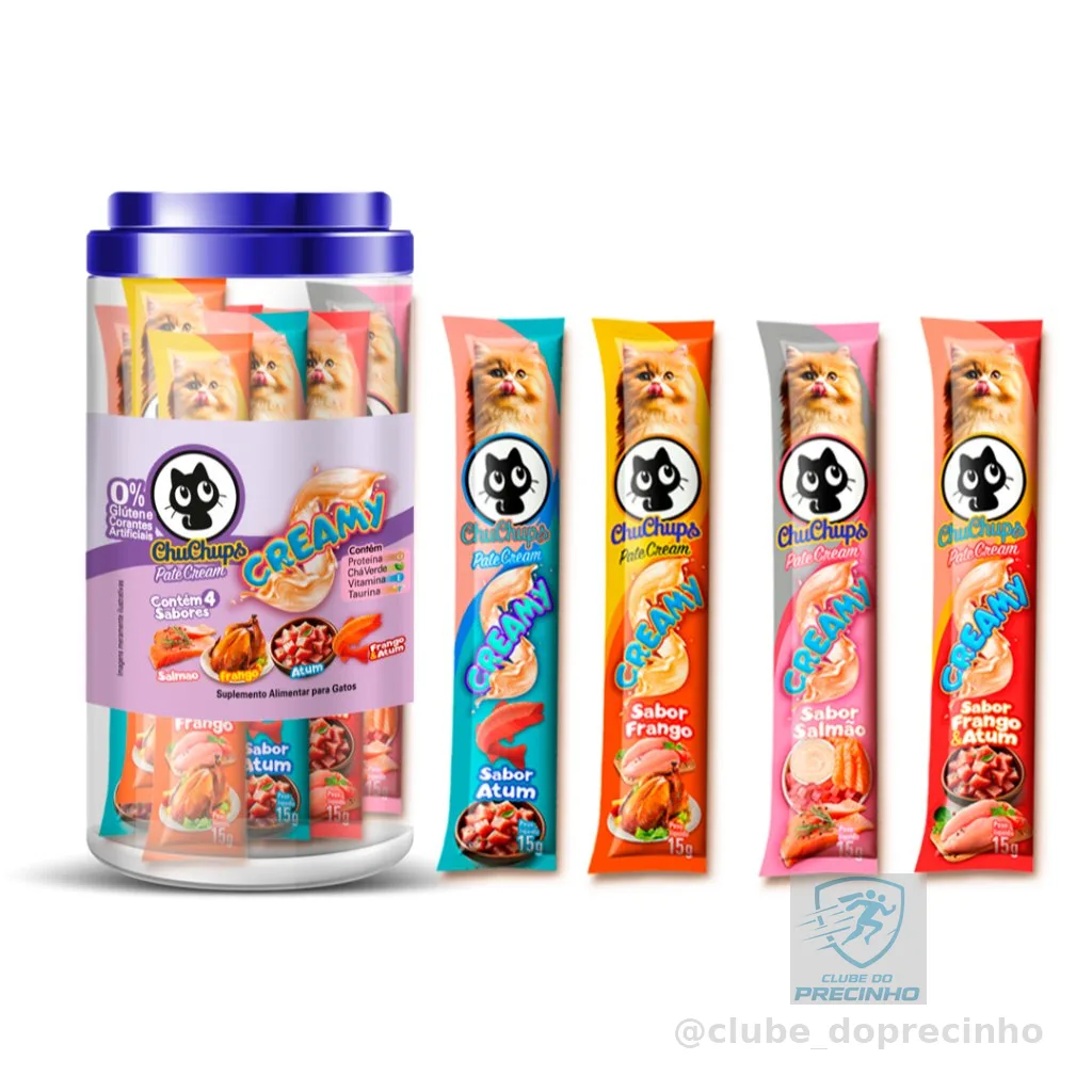Petisco Para Gatos ChuChups Cream Pote Sortido com 24 Tubos de 15g Lançamento Tipo Churu e Truly
