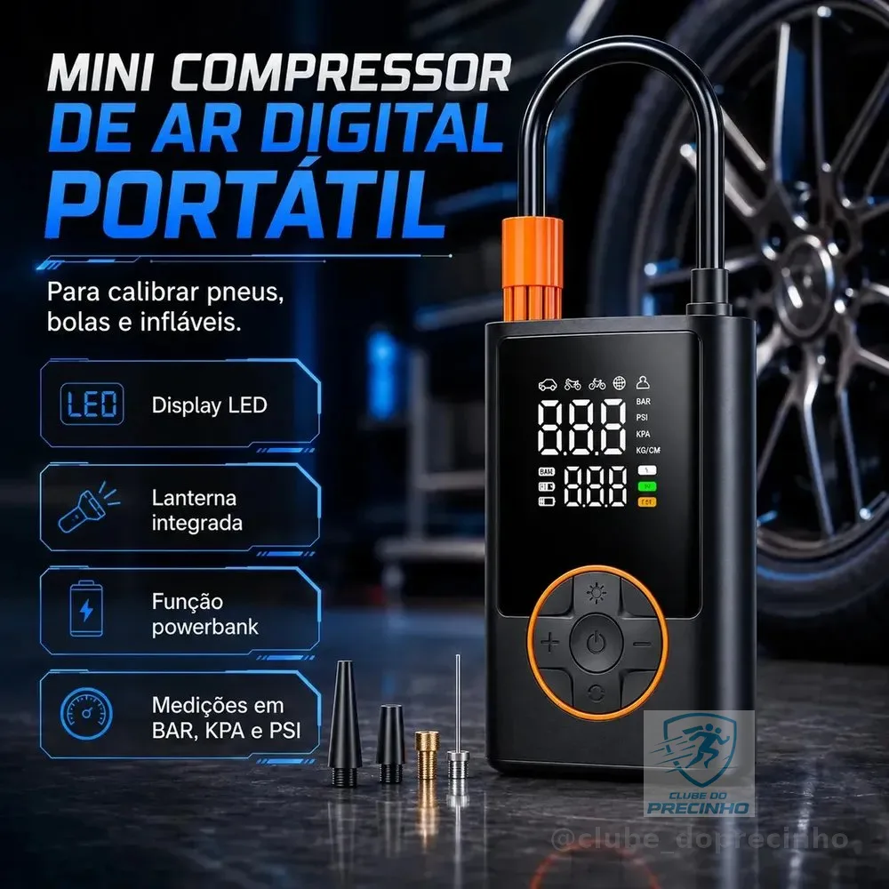 Compressor Portátil Car Air Pump Digital Com Visor Para Carro Moto Bike Calibrador De Pneu Multifuncional