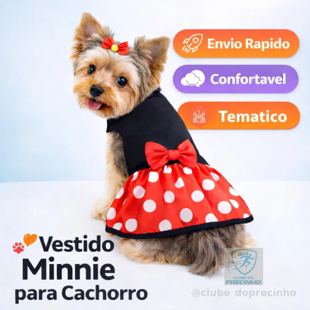 Vestido Minnie para Cachorro Roupa Pet Fêmea com Laço