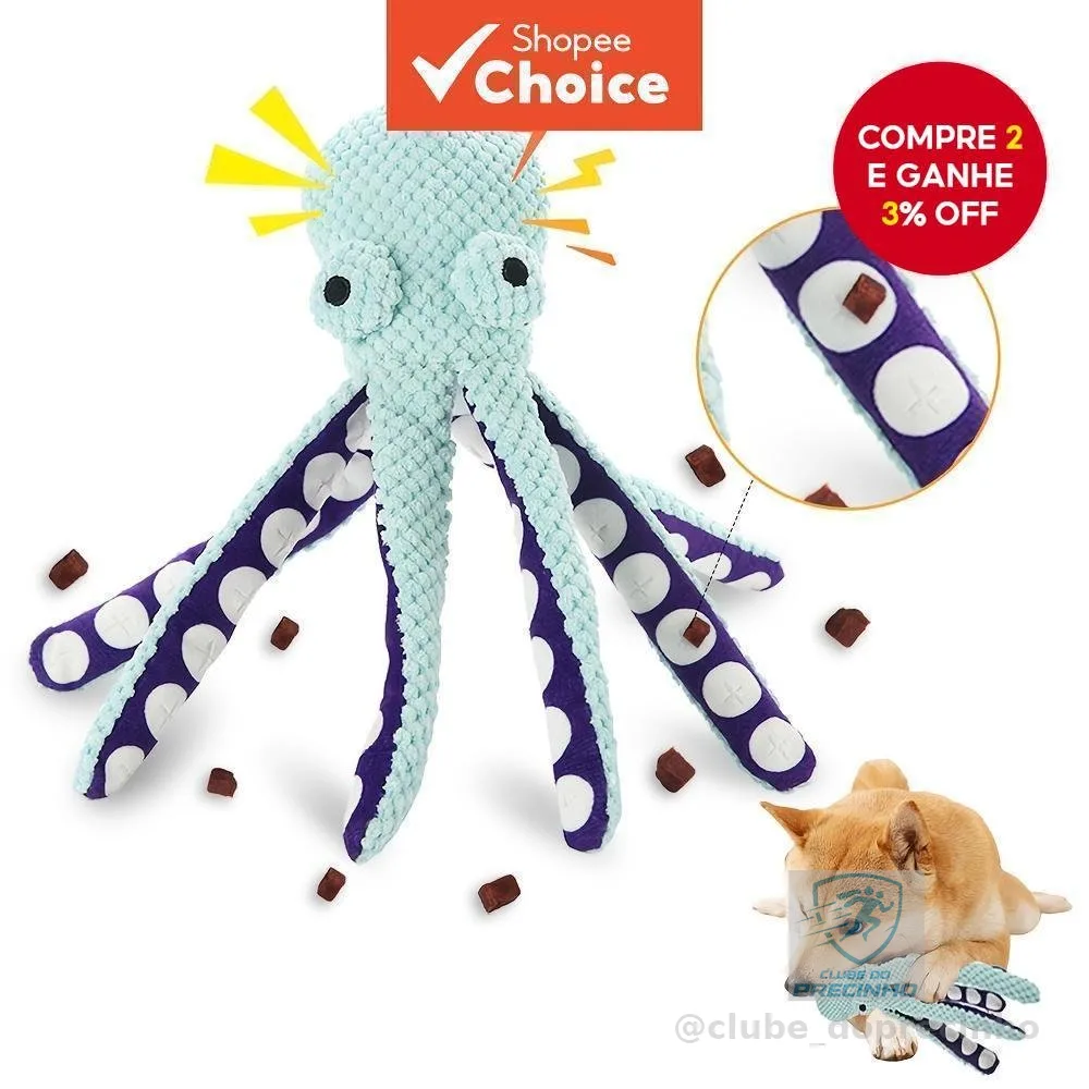 Brinquedo interativo de polvo de pelúcia para cães, durável e barulhento, ideal para pequenos e médios, azul e roxo.