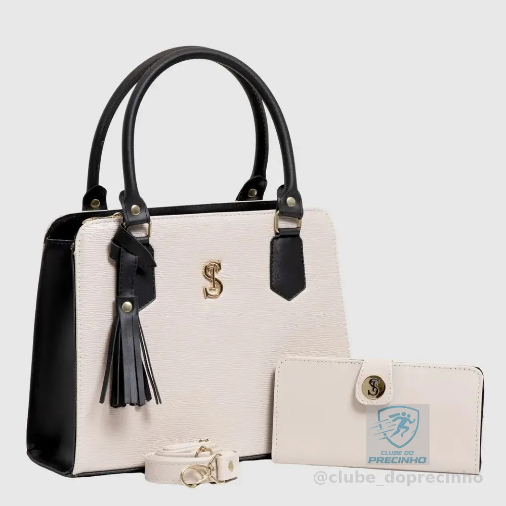 Bolsa Feminina Transversal Media Com Carteira Creme/preto