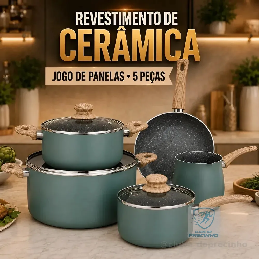Jogo De Panelas 5 Peças Antiaderente Cerâmica Indução Gás Verde-escuro