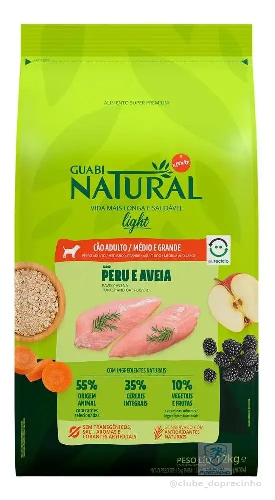 Ração Seca Cão Adulto Light Guabi Natural 12kg Peru Aveia