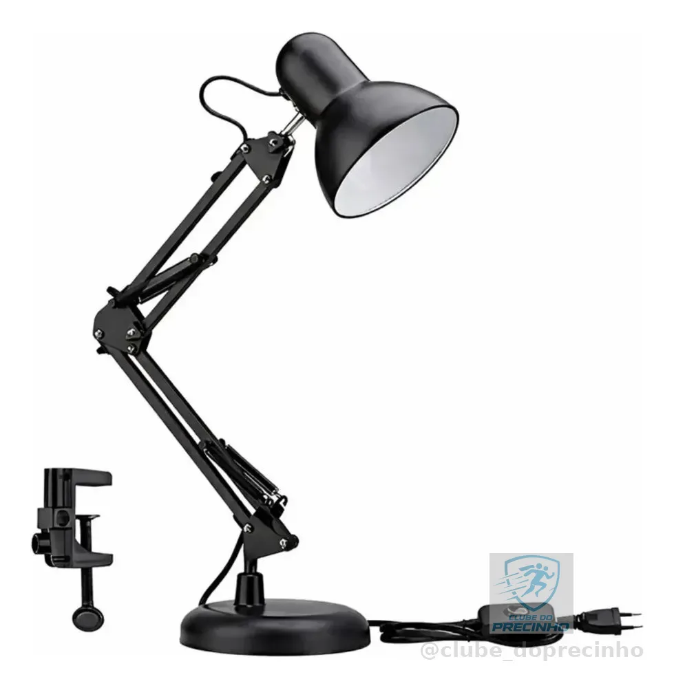 Luminária de Mesa Bravvi Articulável Preta em Metal Com Base e Garra Para Leitura e Estudo