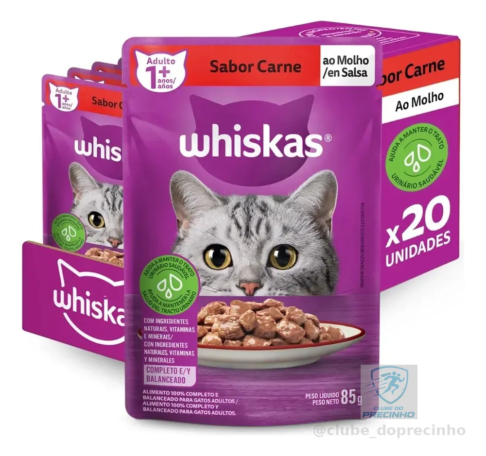 Ração Úmida Whiskas Sachê Gato Adulto Carne Ao Molho 85g 20 Unidades
