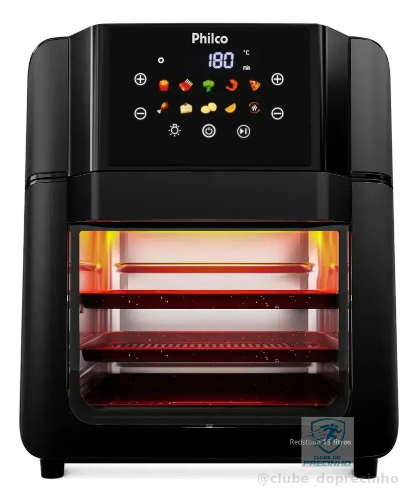 Philco PAF15C Fritadeira Air Fryer Oven 15 Litros Revestimento Redstone Porta Removível Luz Interna 10 Funções 220v Preta