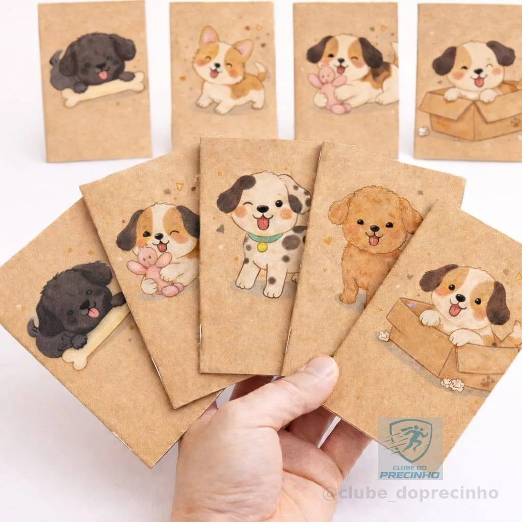KIT 20 mini cadernos kraft retrô 16 folhas desenho doguinho cachorro pet bolso diários estudantes material escolar