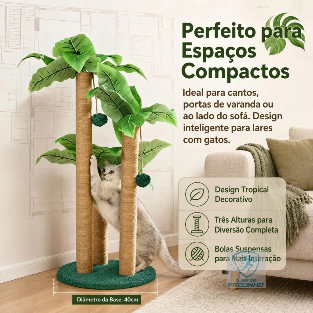 Newpet-Arranhador Palmeira de 3 Postes Altura 80cm com Folhas de Cana-de-Índia, Sisal Resistente e Bolinhas Pendentes
