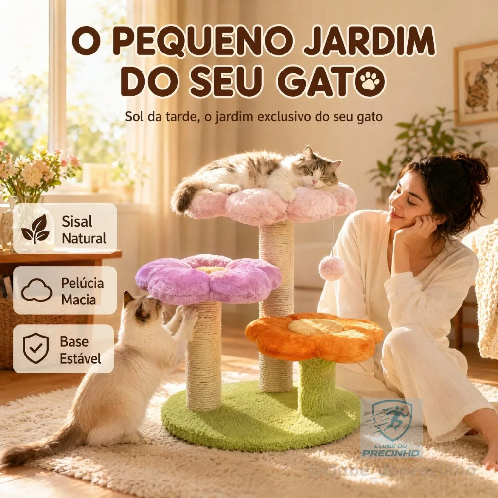 Torre de Gato Flor 3 Níveis Altura 48cm Postes Sisal, Plataformas Macias com Bolinha de Brinquedo Pendente