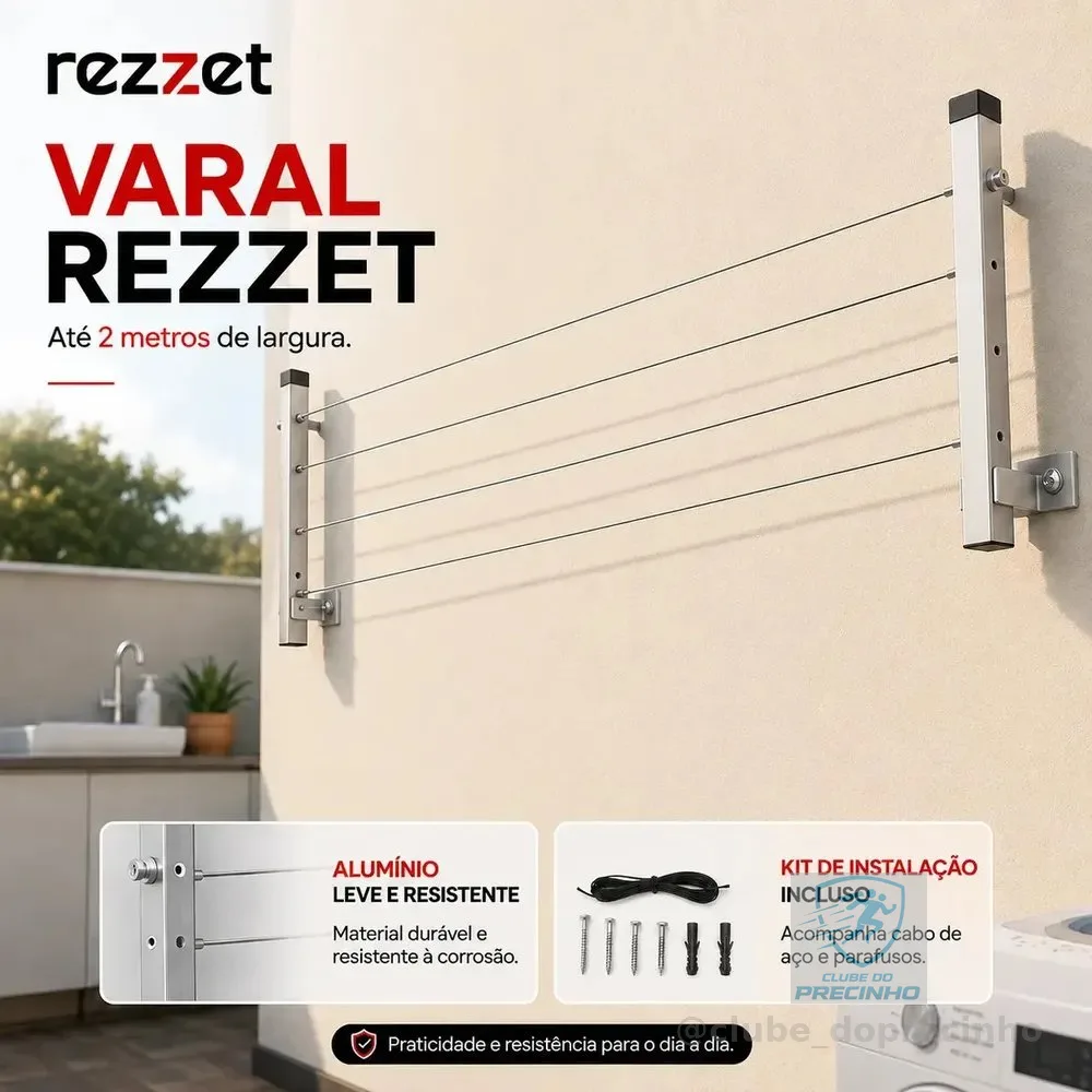 Varal Retrátil De parede Reforçado Suporta até 80 Kg Dobrável 2 Hastes Rezzet