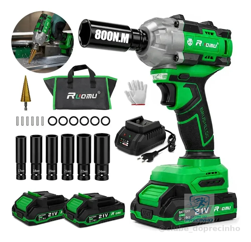 Chave De Impacto 800 N·m Brushless 1/2" 21v 2 Bateria furadeira de impacto