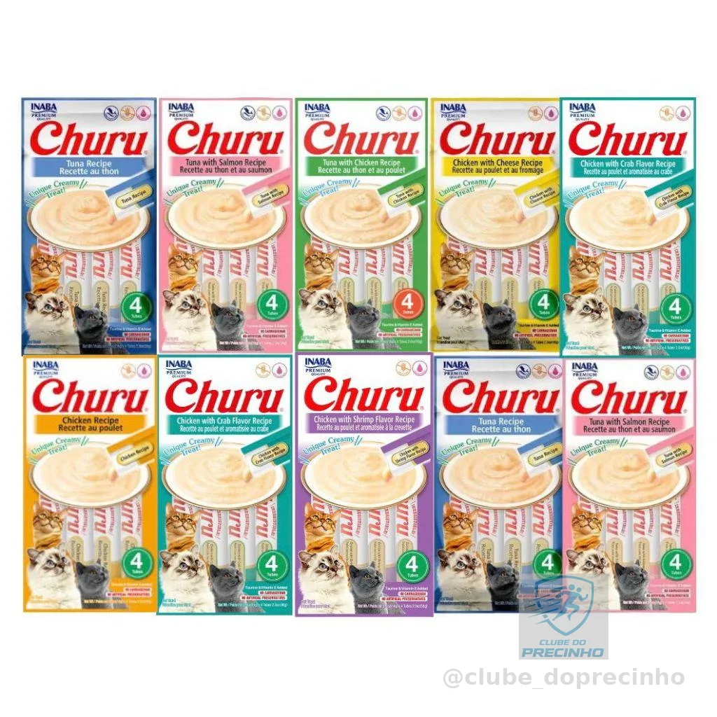 Petisco para Gatos Purê Churu Inaba Kit com 10 9 8 7 Pacotes Variados 56g cada original promoção