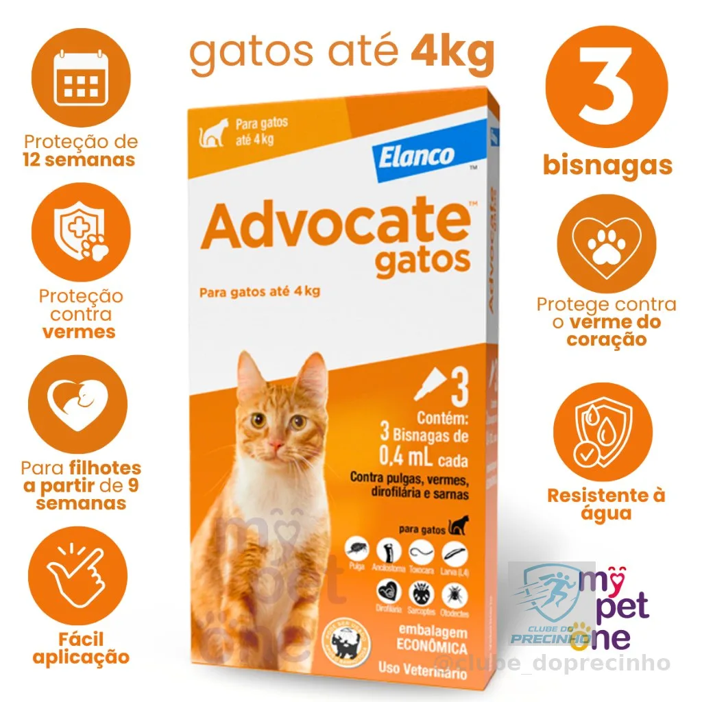 Advocate Elanco 0,4 mL para Gatos até 4 Kg - 3 Bisnagas