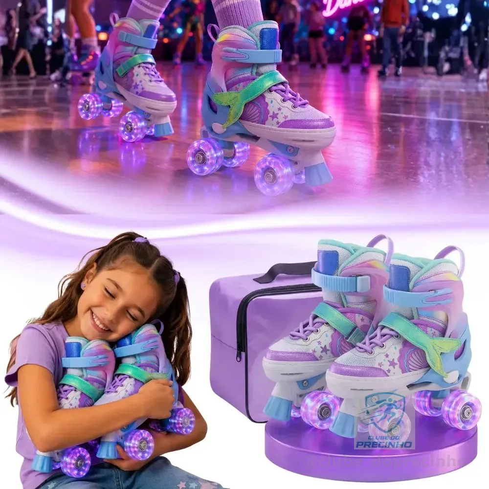 Patins Infantil Menina Led Iluminado Feminino 4 Rodas Sereia M 33-36 54 Mm Rosa
