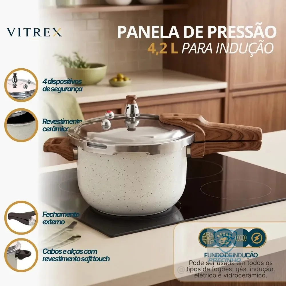 Panela de Pressão Vitrex Moncler 4.2 L Cerâmica e Indução com 4 Válvulas de Segurança