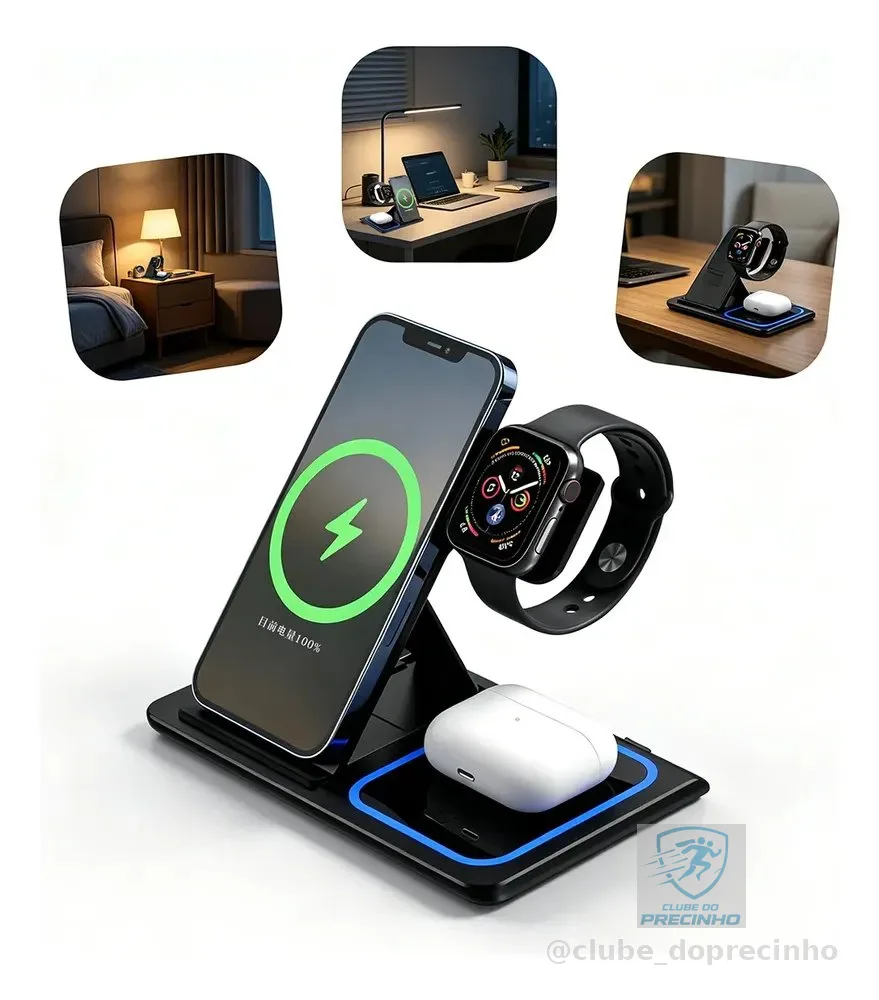 Carregador Sem Fio 3 Em 1 Dock Station Para AirPods iPhone  Preto