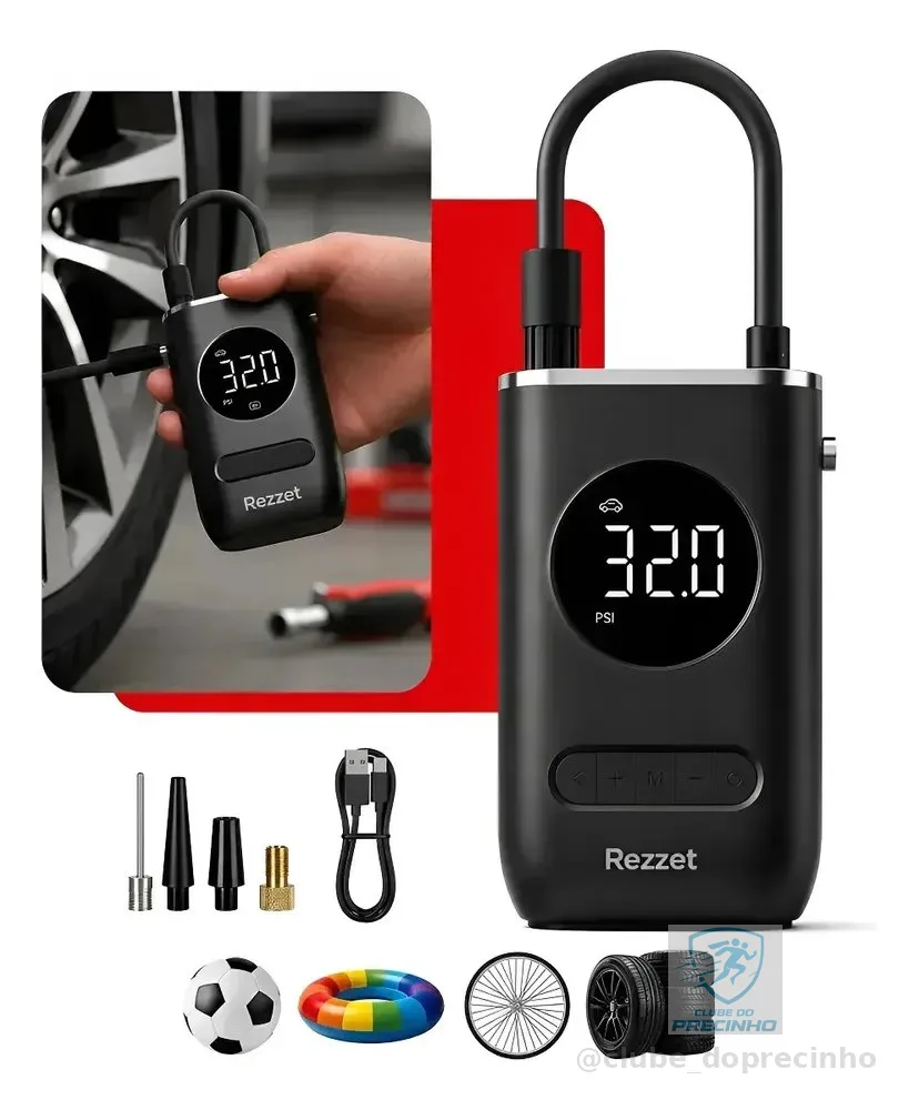 Mini Compressor Digital Portátil para Carro Moto e Bicicleta com Calibrador Digital Inflador Elétrico de Pneus LCD Lanterna LED Compacto e Recarregável Preto Marca Rezzet