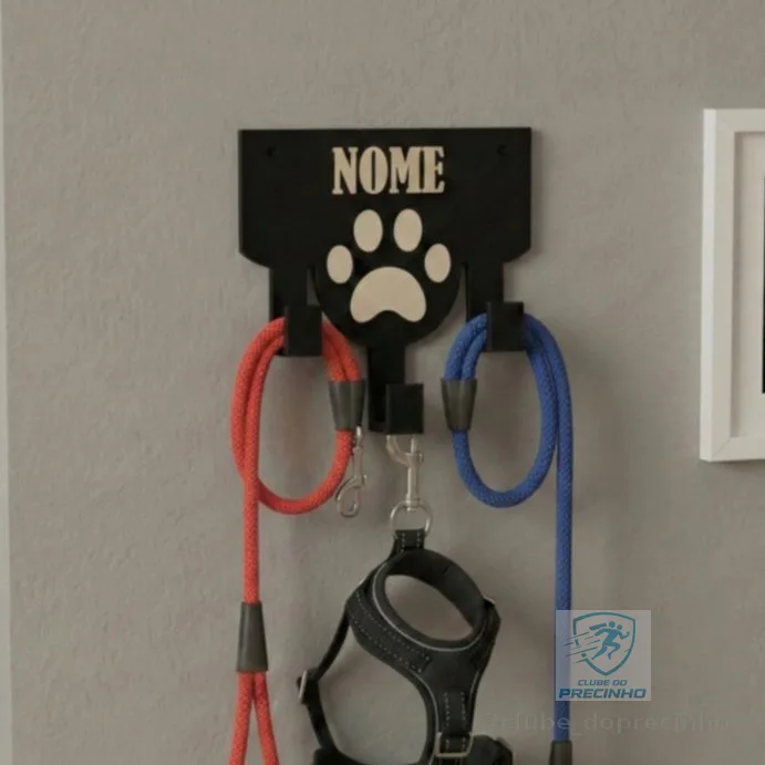 Porta Coleira Personalizado com Nome do Pet - Suporte de Parede para Guia e Peitoral Cachorro 3 Ganchos