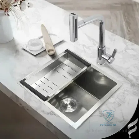 Cuba Inox Para Pia De Cozinha Gourmet Embutir Ou Sobrepor Aço Inoxidável 304 Quadrada 44x44cm Escovada Completa Com Acessórios Luxo Moderna Anti Ruído - Softinox Cuba De Inox Escovada