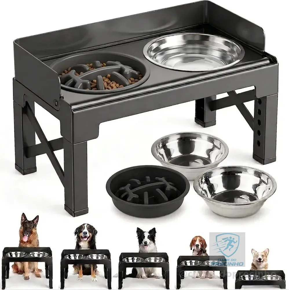 Comedouro Bebedouro para cachorro caes pets elevado Duplo inox tijela antiderrapante com regulavel com aço inoxidável para buldogue com ajuste de altura suporte 8cm 31cm com Proteção contra respingos