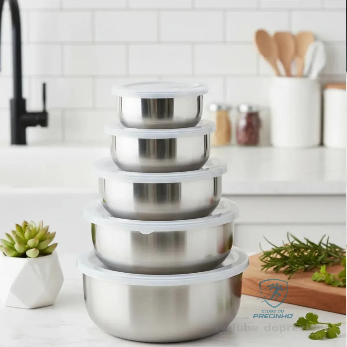 Conjunto De 5 Potes Em Aço Inox C Tampa Hermetico P Alimento Prateado