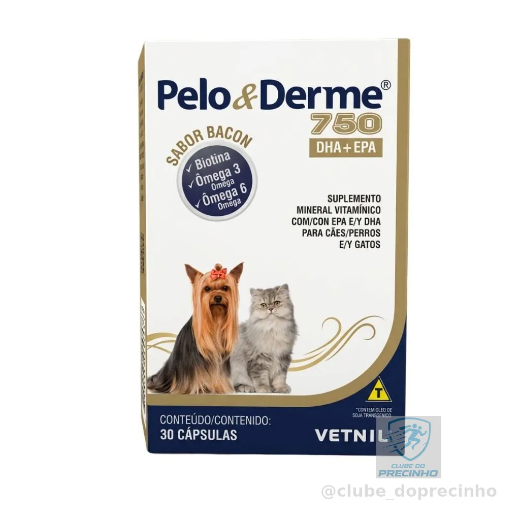 Pelo E Derme 750 - 30 Capsulas Vetnil Omega 3 E 6 dermatite crescimento dos pelos cachorro e gato