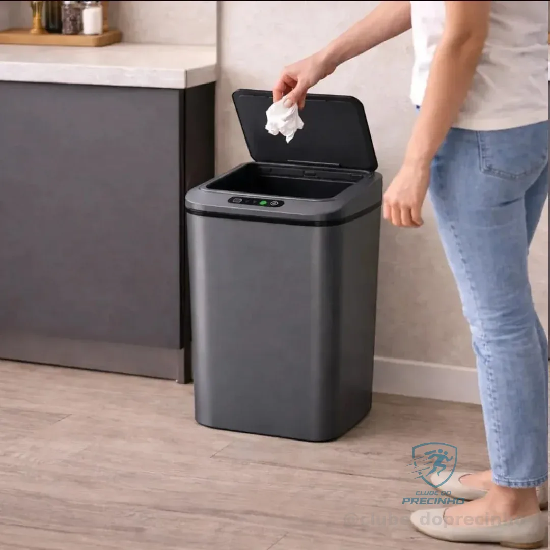 Lixeira Inteligente Sensor Automático 16l Cinza Smart Recarregável Para Banheiro E Cozinha