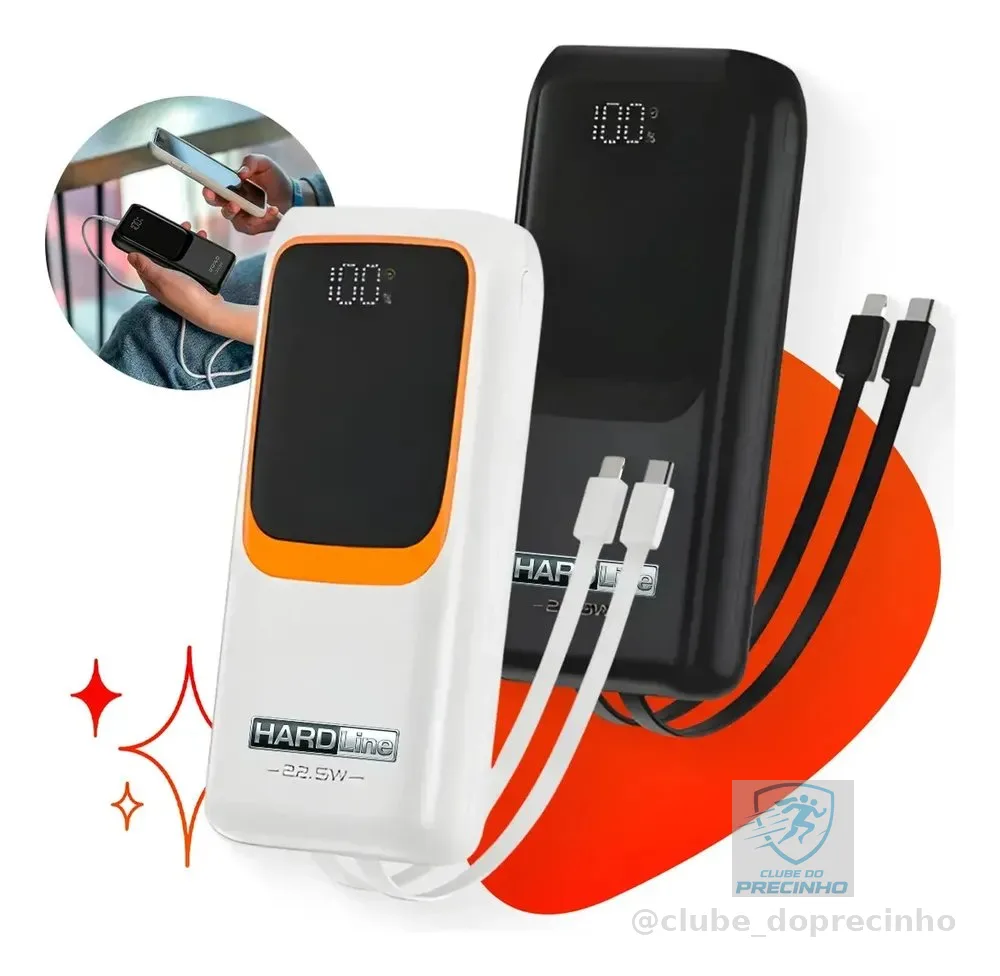 Power Bank Turbo Carregador Portátil 20000mah Turbo 22.5w Premium Universal Rápida Carga Para Celular iPhone Xiaomi Motorola LG Smartwatch Tablet Viagens Festa Ios Hardline Preto/ Branco