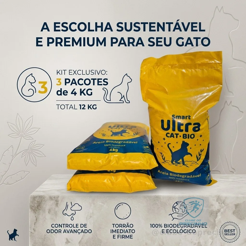 Areia para Gatos Biodegradável – Limpeza Fácil, Elimina Odor, Kit Econômico 3x4kg