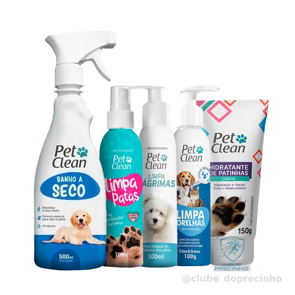 Kit Higiene Pet Clean Banho a Seco Hidratante Limpa Patas Limpador Orelhas Lágrimas Cachorro e Gato
