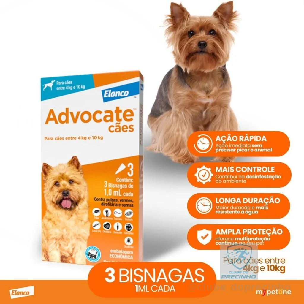Advocate Elanco 1,0 mL para Cães de 4 Kg até 10 Kg - 3 Bisnagas